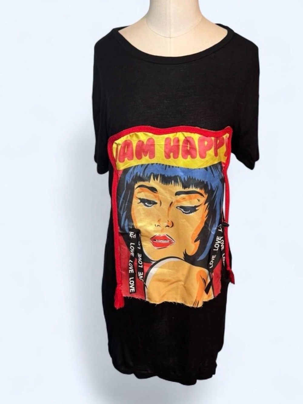 Love Nation Black Tee with Yellow & Red Pop Art Panel ribbons and tassel